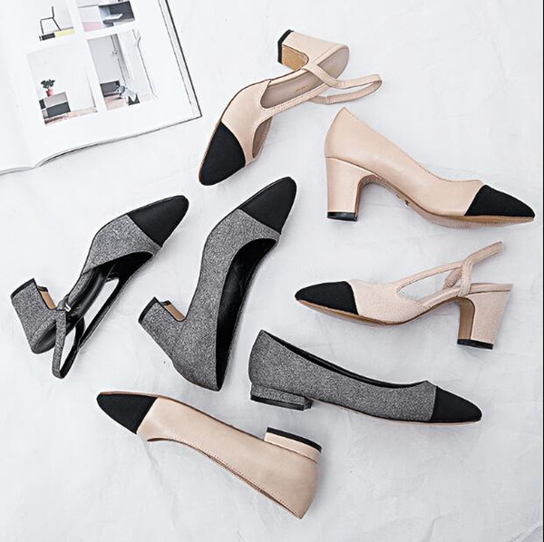 Designer Women Summer Pumps Shoes 65mm High Heels Slingback Beige Gray Black Two tone Leather Womens ladies luxury Sandals Size 34-41 Box