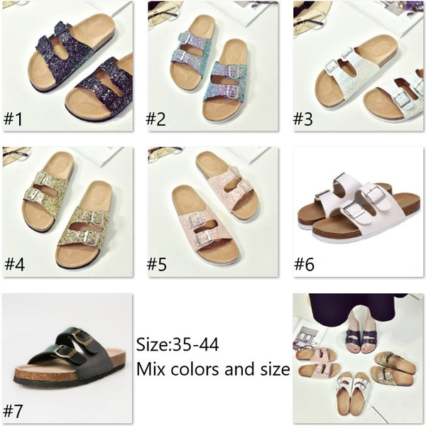 Wholesale Summer women luxury beach cork Slippers Casual Sandals Sequins Slides Double Buckle Clogs Women Slip on Flip Flops Flats Shoe
