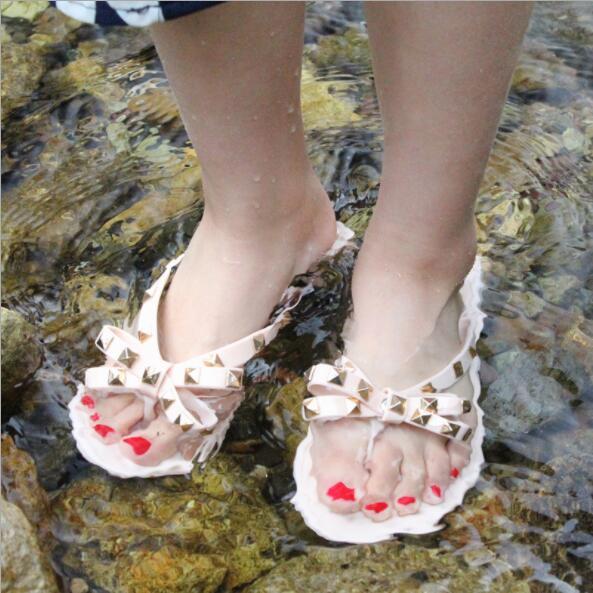 Women Rivets Bowknot Flat Slippers Girls Flip Flops Summer Shoes Cool Beach Jelly Shoes Dropshipping dropshipping