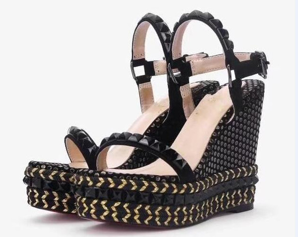Women Pyraclou 11cm Wedges Sandals Shoes,striated pyramid studs,Women Slippers,Women Leather shoes,Size 35-40,