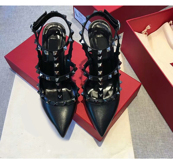 Designer Pointed Toe 2-Strap with Studs high heels Patent Leather rivets Sandals Women Studded Strappy Dress Shoes valentine high heel Shoes