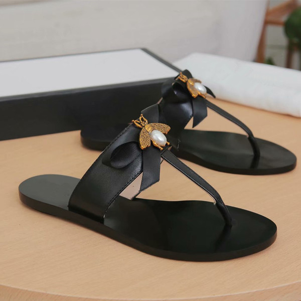 Italy designer leather flat sandals with bee bowtie womens shoes slippers EU35-42 777