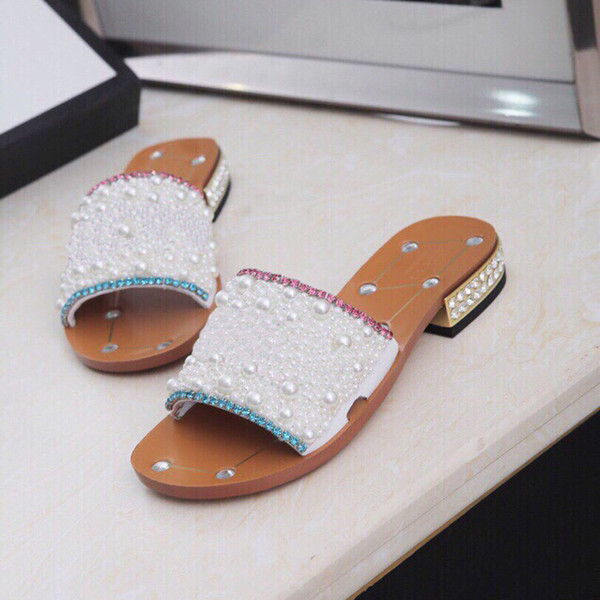 Newest Women's Rhinestone low-heel slippers black Pearl Designer work summer women's sandals dress shoes classic trend fashion BIG Size 43