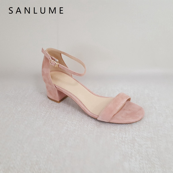 2018 New Arrive Summer Sandals Women Pumps Ladies Genuine Leather Sandal Sexy Ankle Strap Thick Heels Peep Toe Kid Suede