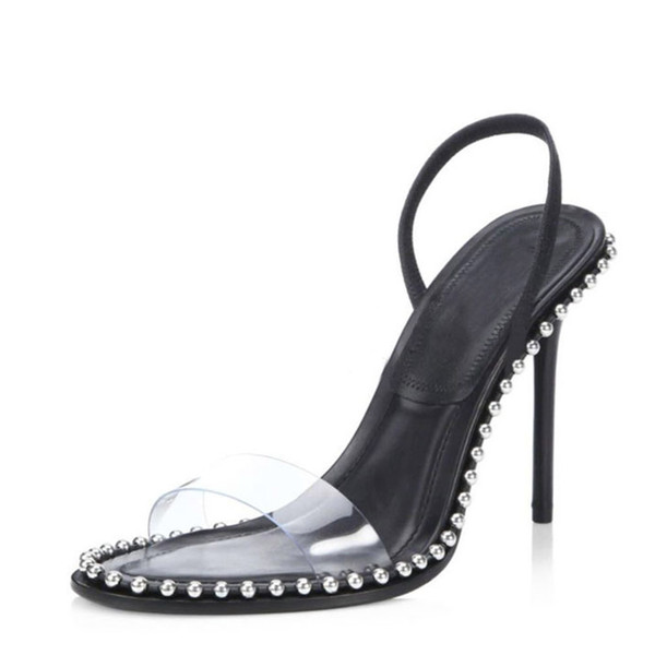 Clear PVC summer sandals women high heels back strap silver metal beaded rivets decor dress shoes women zapatos mujer