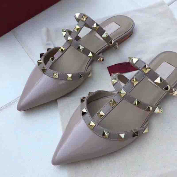 women High-heeled shoes luxury designer sandals loafer summer Genuine Leather shoes high quality Flat rivet shoes brands slippers 2018