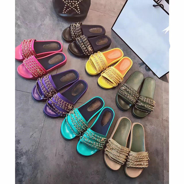 Luxury Women Designer Chain Slide Flat Sandals Outdoor Beach Fashion Causal Rubber Flat Slippers With Box