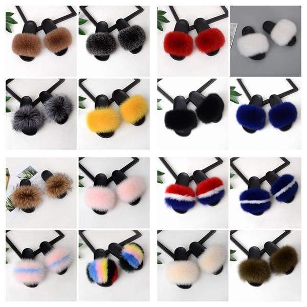 Hot Sales Summer Women Fox Fur Slippers Real Fox hair Slides Female Furry Indoor Flip Flops Casual Beach Sandals Fluffy Plush Shoes