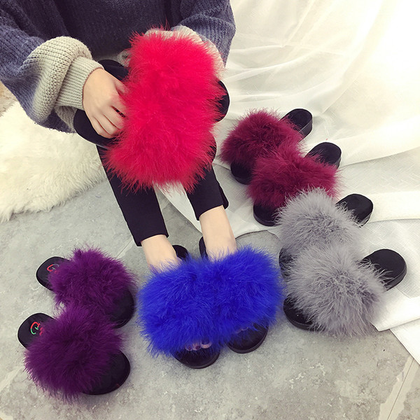 Size 35-42 sweet candy color summer women real natural feather turkey fur fuzzy slippers slides mules women open toe flat shoes