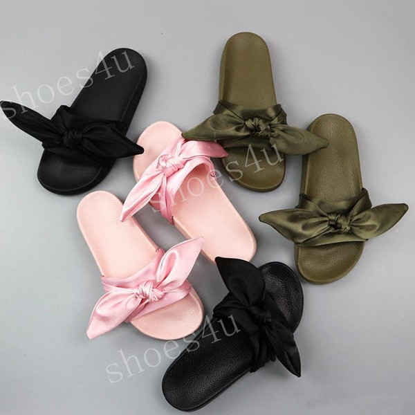 (With Box+Dust Bag) New Leadcat Fenty Rihanna Shoes Women Bowtie Slippers Indoor Sandals Girls Fashion Scuffs White Grey Pink Black Slide