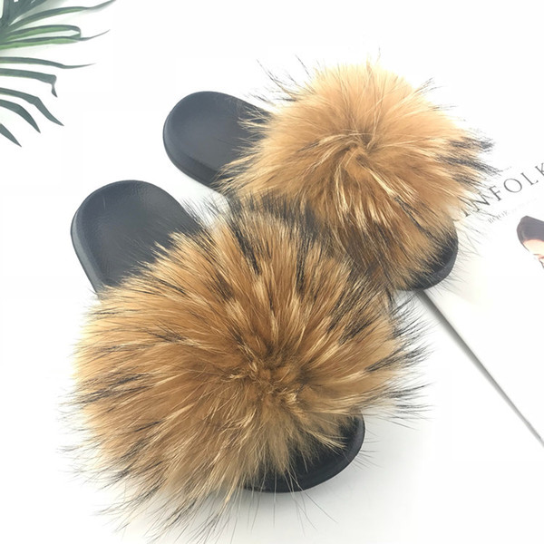 Slippers Real Raccoon Fur Women 2019 Sliders Casual Raccoon Hair Flat Fluffy Fashion Home Summer Big Size 45 Furry Flip Flops Shoes