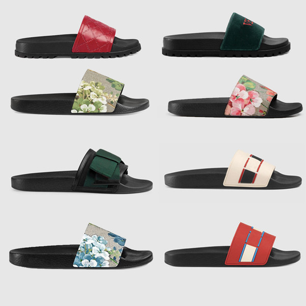 Designer Rubber slides slippers women sandal Floral brocade men slipper Gear bottoms Flip Flops women striped Beach causal slipper with Box