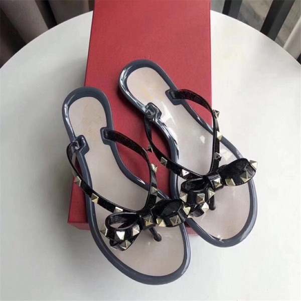 Summer Jelly Color Luxury BRAND Women Flip Flops Slippers Flat Sandals Bow Rivet Fashion Pvc Crystal Beach Shoes original box
