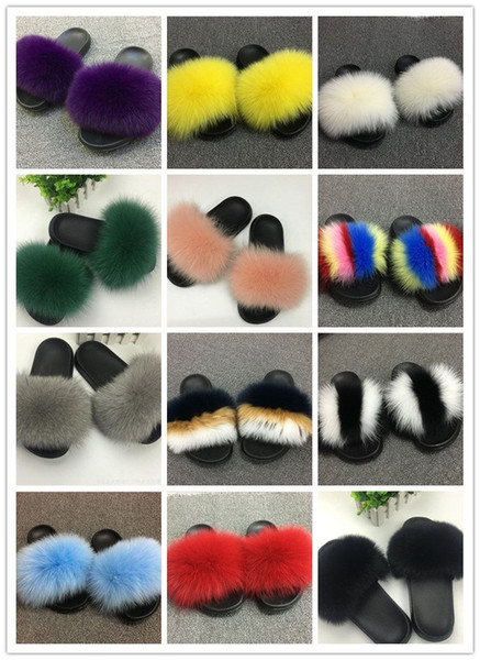 Hot style Multicolor color matching fuzzy comfortable Flat slippers Wear outside or home Faux fur The fox fur