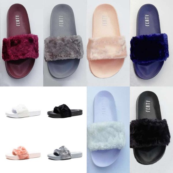 High Quality Leadcat Fenty Rihanna Faux Fur Slippers Women Indoor Sandals Girls Fashion Scuffs Pink Black White Grey Slides With Box