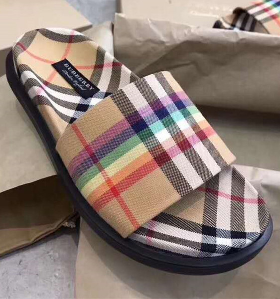 Branded Men Leather Rainbow Cotton Slides Designer Women Slip-on style Rounded Toe Rubber Outsole Contoured Insole Flat Slipper