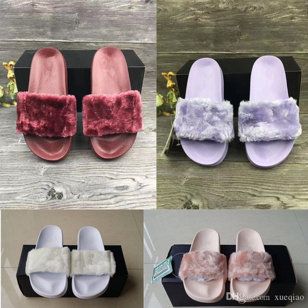 Leadcat Fenty Rihanna Faux Fur Slippers Women Girls Sandals Fashion Scuffs Black Pink Red Grey Blue Slides Top Quality Men Designer Slippers