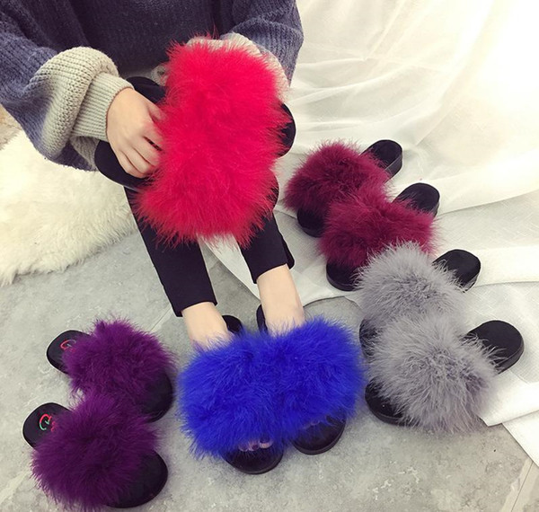 Women Fur Fuzzy Slippers Size 35-42 Sweet Candy Color Summer Real Natural Feather Turkey Slides Mules Women Open Toe Flat Shoes