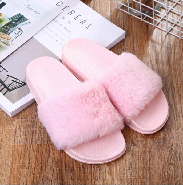 Leadcat Fenty Rihanna Faux Fur Slippers Women Indoor Sandals Girls Fashion Scuffs Pink Black White Grey Slides High Quality With