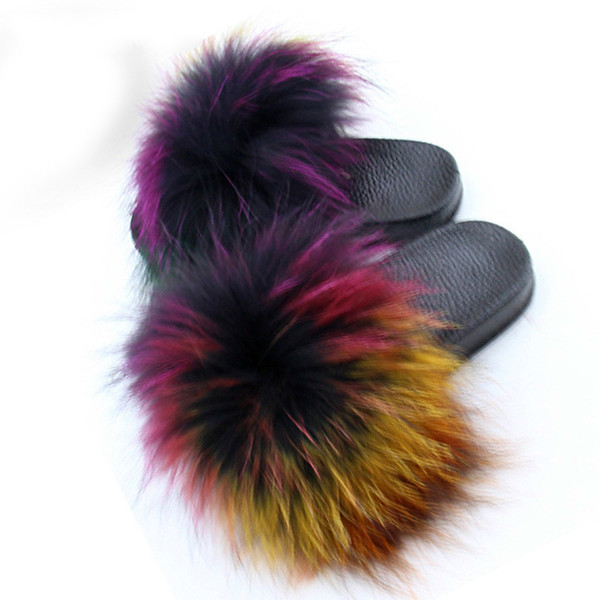 Coolsa New Kids Fox Fur Slippers Real Fur Slides Fluffy Fox Hair Sandals PU Flat Children Fuzzy Home Flip Flop Beach Shoes