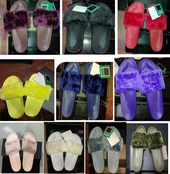 (Send With Box and Dust Bags) Rihanna fenty Slippers,Rihanna Fenty LEADCAT Fur Slide Slippers Black Slides Women Sandals Rihanna fenty Slide