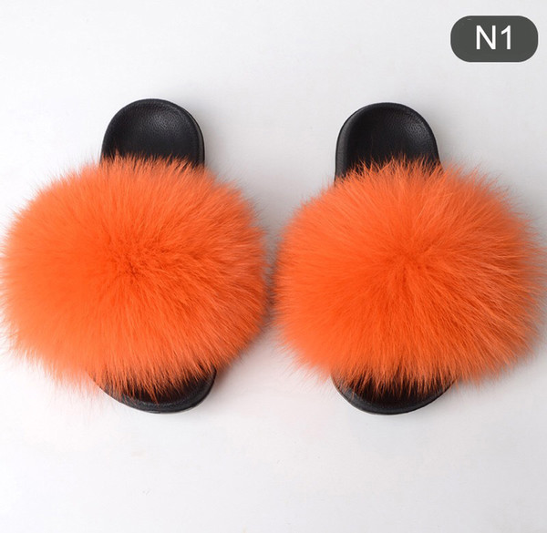 New Summer Women Slippers Really Fur Fox Hair Slides Flat Plush Shoes Home Flip Flops Ladies Beach Sandals