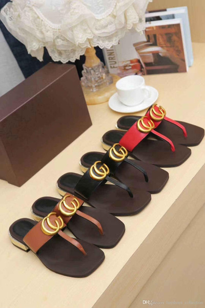 2019 Classic Women Flat Sandals, Black Leather Thong Casual Slides for Summer - Beach Flip Flops Size 35-42