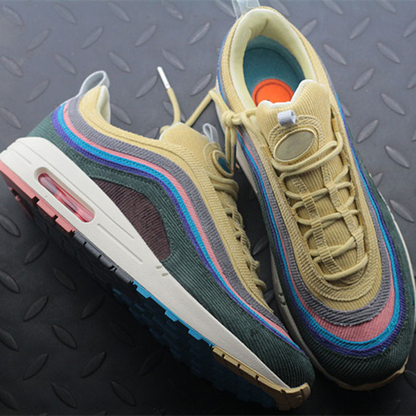 2018 Brand New 97 Sean Wotherspoon Men Women Running Shoes Top 97s Women Vivid Sulfur Multi Yellow Blue Hybrid Sports shoes