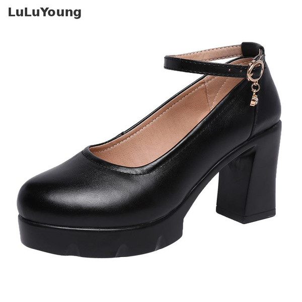 Black Round-headed High-heeled Black Working Shoes Women Platform Thick-heeled Pumps