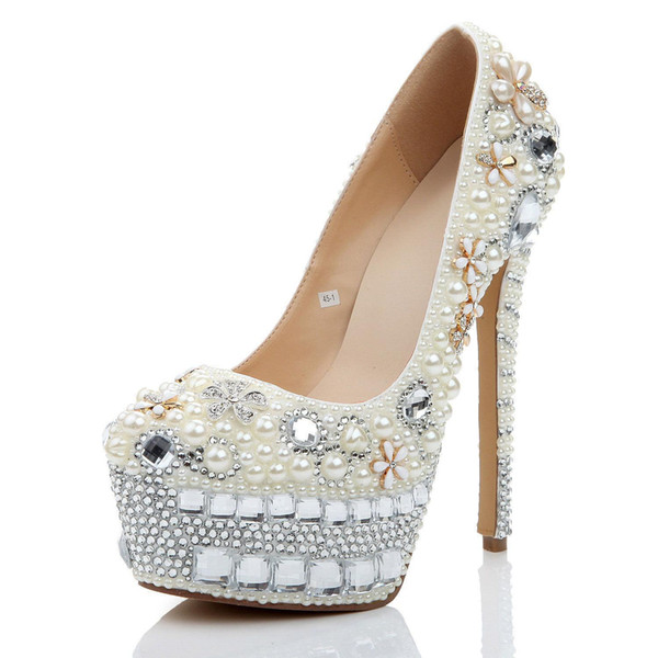 LuckySexy Stiletto Hot Heels Handmade Crystal Wedding Banquet Shoes Luxury Designer Rhinstone Pearl White Platform Pumps