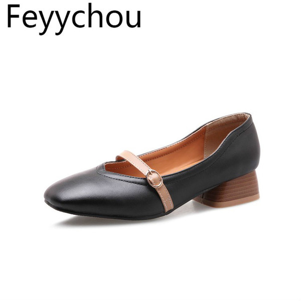 Women Pumps Med Heels Square Toe Buckle Pu Strange Style Spring Autumn Mixed-colors 2019 Sexy New Fashion Casual Sweet Beige