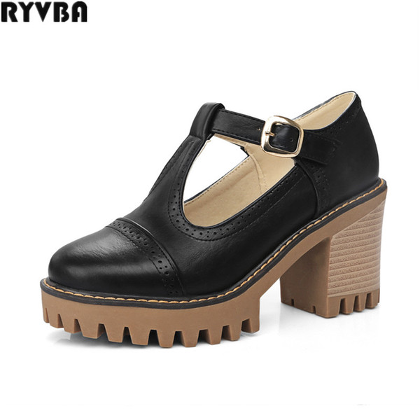 RYVBA 2019 new woman square high heels pumps fashion T-strap platform shoes autumn spring for women casual work shoes Women's