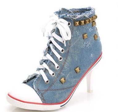 New Korean women's shoes cowboy high heels rivet tide canvas shoes new explosive models