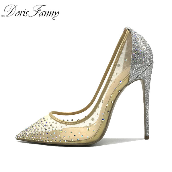 DorisFanny rhinestone Women Pointed Toe Heels Crystal bling Silver Shoes high heels pumps 12cm see through Party Wedding shoes