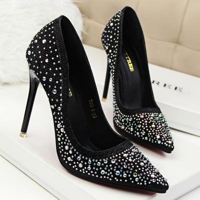 305-1 Korean fashion sweet delicate fine with high heel shallow mouth was thin pointed diamond rhinestone single shoes