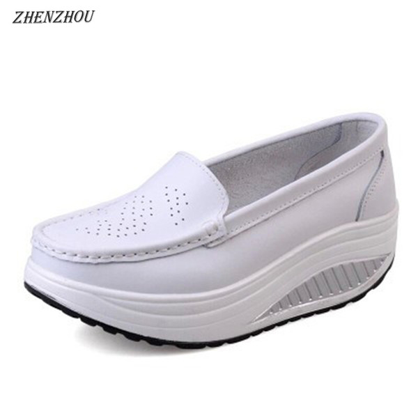 Free shipping spring genuine leather soft outsole work shoes female black swing shoes woman plus size wedges single female