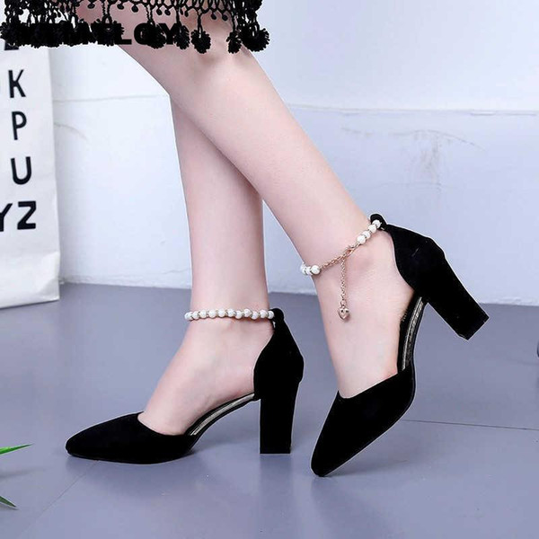 HOT High Heels Shoes Women Pumps Buckle Strap Sexy Thin Two Piece Pointed Toe Fashion Ladies 7.5cm String Bead Zapatillas Mujer