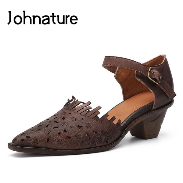 Johnature 2019 New Spring/Summer Genuine Leather Retro Pointed Toe Buckle Strap Hollow Flower High Heel Shoes Sandals Pumps