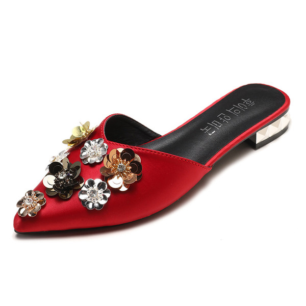 2019 Summer Slipper Women Korean Style Half Slippers Floral Sequined Rhinestone Flats Casual Sandals Silk Mules Slides K0060