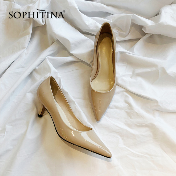 SOPHITINA Design Pointed Toe Pumps Sexy Med Thin Heel Genuine Leather Party Women Shoes Fashion Shallow Office Lady Pumps SO137