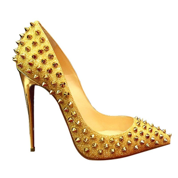 Moraima Snc Hot Selling Glod Rivets Studded High heels Sexy Pointed Toe Thin Heels Woman Pumps Glitter Embelliished Shoes