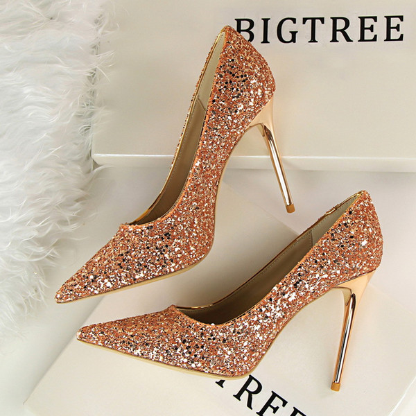 European and American women's shoes with high heel and shallow mouth sparkle sexy and thin nightclub high heels single shoes