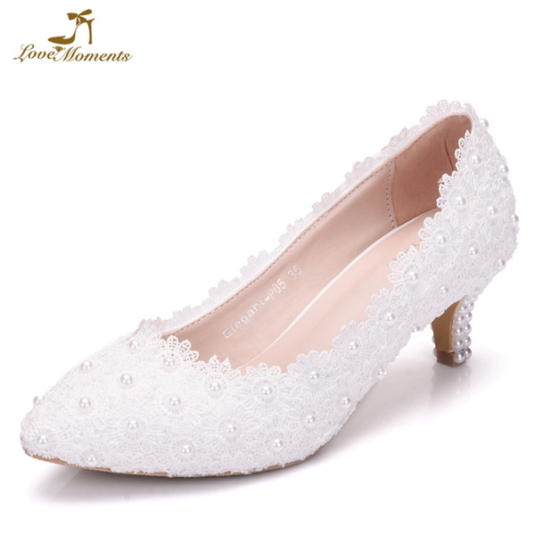 White Pink Lace Flower Party Prom Shoes Plus Size 43 Bridal Wedding Shoes Bridesmaid 2 Inches Kitten Heel Birthday Gift