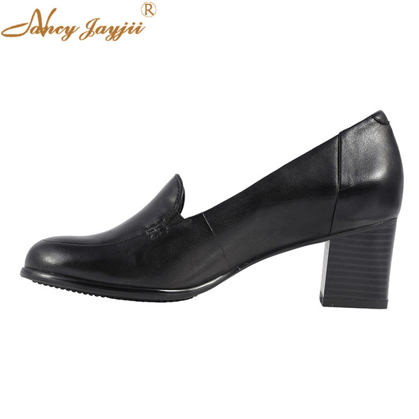 Nancyjayjii Solid Retro Black Leather Loafers Work 5cm Mid Square Block Heels Round Toe Concise Spring Autumn Casual Women Shoes