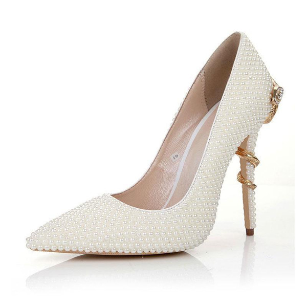 Lucky2019 Decent Bridal Pearl Wedding Sexy Pop Pointed Sheepskin 11cm Stiletto Heel Banquet Dress Shoes Large Size 35-41