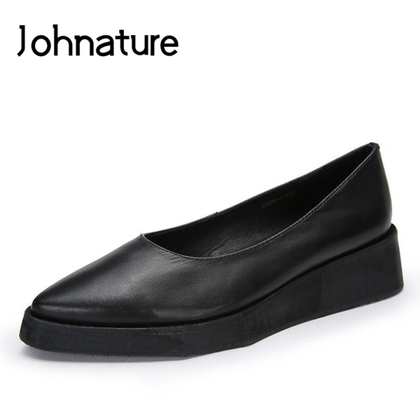 Johnature 2019 New Spring/Summer Retro Genuine Leather Pointed Toe Shallow Slip-on Wedges Casual Platform Shoes Women Pumps