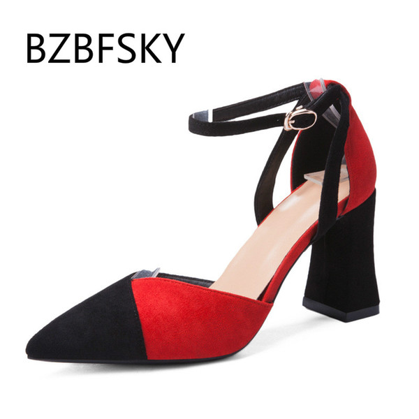 BZBFSKY new women high heels pointed suede matching thick heel button female shoes red bottom high heels ladies women shoes