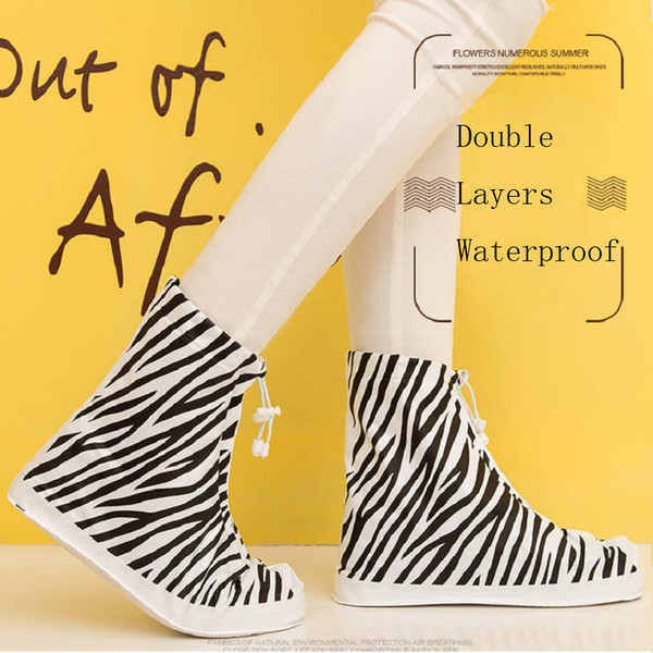 60pcs 2016 PVC overshoes women rain boots galoshes reusable shoe covers zebra print waterproof wear directly washed ZA0510