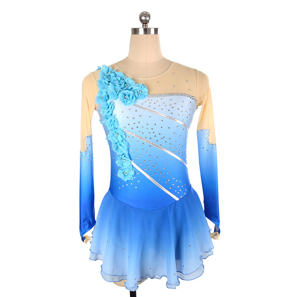 Eren Jossie 2019 New Arrival Ice Skating Competition Dress Girls Blue Hand Made Flowers Hot Selling in Europe