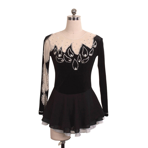 Special Design Good Quality Black Nude Ice Skating Dress Full Sleeves Attractive Young Girls Fire-Bead Design